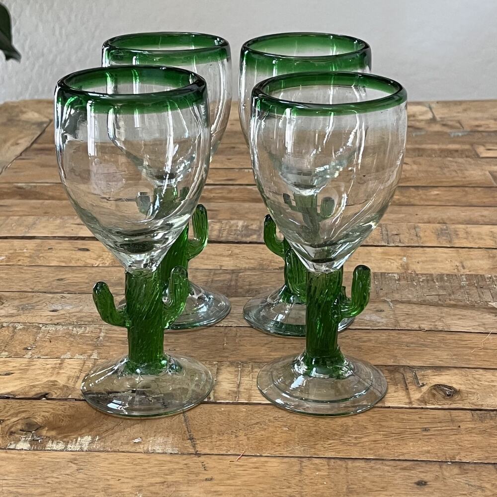 Mexican Hand-Blown Cactus Goblet Glasses Set of 4 7" Tall Green Rim